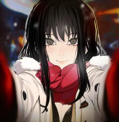 Rule 34 | 1girl, black eyes, black hair, chainsaw man, coat, gloves, highres, holding, jacket, long hair, looking at viewer, mitaka asa, red gloves, red scarf, sailen0, scarf, white jacket, winter, winter clothes, winter coat