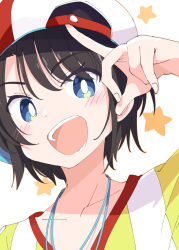 Rule 34 | 1girl, :d, black hair, blouse, blue eyes, blush, bright pupils, collarbone, eyes visible through hair, hololive, ixy, looking at viewer, oozora subaru, oozora subaru (1st costume), open mouth, shirt, short hair, smile, solo, star (symbol), striped clothes, striped shirt, teeth, upper body, upper teeth only, vertical-striped clothes, vertical-striped shirt, virtual youtuber, white background, white headwear, white pupils