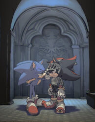 Rule 34 | 2boys, animal ears, animal nose, arm behind back, armor, closed mouth, full body, furry, furry male, gloves, green eyes, half-closed eyes, helmet, highres, indoors, looking at another, male focus, multiple boys, plate armor, red eyes, red footwear, shadow, shadow the hedgehog, shoes, sonic (series), sonic the hedgehog, standing, tail, thslrrpwjd, white gloves