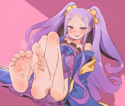 Rule 34 | 1girl, assassin of the nocturnal castle, bare legs, bare shoulders, barefoot, collarbone, fate/grand order, fate (series), feet, foot focus, japanese clothes, kimono, long hair, long sleeves, pink eyes, purple eyes, purple hair, raigou, scrunchie, sitting, smile, soles, solo, toe scrunch, toes, twintails, very long hair, wide sleeves, wu zetian (fate), wu zetian (first ascension) (fate)