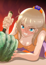 Rule 34 | 1girl, absurdres, arms on table, blonde hair, blue eyes, blush, breasts, check commentary, cleavage, clenched teeth, commentary, commentary request, cutting, denim, eyelashes, food, gourd, halloween, highres, holding, holding food, holding knife, holding vegetable, jeans, knife, large breasts, leaning forward, looking at food, original, pants, ponytail, purple pants, red background, sakurai708, sidelocks, solo, spread legs, stab, sweat, table, tearing up, teeth, vegetable