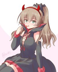 Rule 34 | 1girl, alternate costume, black dress, black thighhighs, blue eyes, bridal gauntlets, brown hair, candy, commentary request, cowboy shot, demon girl, demon horns, dress, fake horns, food, highres, horns, kantai collection, kumano (kancolle), lollipop, long hair, looking at viewer, one-hour drawing challenge, ponytail, shizuna kaede, sitting, sleeveless, sleeveless dress, solo, thighhighs, tongue, tongue out