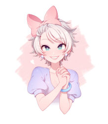 Rule 34 | 1girl, blue bracelet, blush, bow, breasts, bright pupils, cleavage, collarbone, cropped torso, daisy duck, disney, earrings, green eyes, grin, heart, humanization, jewelry, kiri futoshi, medium breasts, own hands clasped, own hands together, pink bow, purple shirt, shirt, short hair, short sleeves, smile, solo, white hair, white pupils