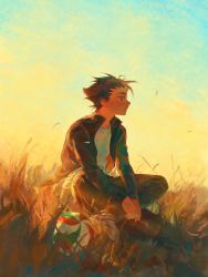 Rule 34 | 1boy, ball, black hair, black jacket, black pants, blonde hair, field, full body, gakuran, haikyuu!!, highres, indian style, jacket, long sleeves, male focus, multicolored hair, nishinoya yuu, on ground, open clothes, open jacket, own hands together, pants, profile, school uniform, shirt, shoe soles, shoes, short hair, shuitongyang, sitting, sky, sneakers, solo, spiked hair, streaked hair, t-shirt, twilight, two-tone hair, v arms, volleyball (object), white footwear, white shirt, wind