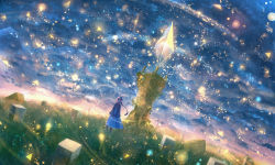 Rule 34 | 1girl, blue skirt, cloud, cloudy sky, crystal, fantasy, grass, long hair, looking at viewer, magic, original, pink hair, ponytail, sakimori (hououbds), scenery, skirt, sky, solo, standing, tower, wide sleeves