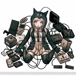 Rule 34 | 1girl, :o, animal hood, backpack, bag, black jacket, black shirt, blunt bangs, breasts, brown skirt, cat hood, collared shirt, controller, danganronpa (series), danganronpa 2: goodbye despair, game boy, game boy (original), game boy advance, game console, game controller, grey background, hair ornament, hairclip, handheld game console, hood, hood up, jacket, komatsuzaki rui, large breasts, light brown hair, long sleeves, looking at viewer, nanami chiaki, neck ribbon, official art, official style, open clothes, open jacket, open mouth, pink footwear, pink ribbon, pleated skirt, ribbon, shirt, shirt tucked in, shoes, simple background, sitting, skirt, sleeves past wrists, smile, solo, teeth, thighhighs, two-tone shirt, upper teeth only, wariza, white shirt, xbox, zettai ryouiki