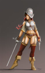 Rule 34 | 1girl, age of empires, armor, artist name, bare shoulders, belt, boots, breastplate, conquistador, cross-laced footwear, dagger, dual wielding, freckles, full body, gloves, grey background, grin, helmet, holding, holding sword, holding weapon, knife, lace-up boots, long hair, midriff, navel, rapier, red hair, scabbard, sheath, short shorts, shorts, simple background, smile, solo, spain, spanish text, sword, teeth, thighhighs, weapon, wrinkled skin