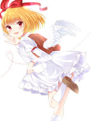 Rule 34 | angel wings, blonde hair, blush, bow, brown footwear, brown vest, commentary request, dress, feathered wings, frilled dress, frills, gengetsu (touhou), hair bow, hair ribbon, happy, highres, juliet sleeves, kneehighs, long sleeves, looking at viewer, looking back, milll 77, open mouth, puffy sleeves, red bow, ribbon, shoe soles, short hair, socks, touhou, touhou (pc-98), vest, white dress, white socks, white wings, wings, yellow eyes