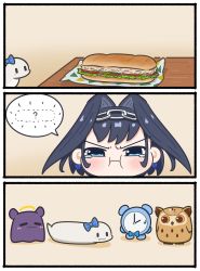 Rule 34 | 1girl, 3koma, 4others, :3, :i, ?, absurdres, alarm clock, bird, blue bow, blue eyes, boros (ouro kronii), bow, bowtie, brown eyes, chibi, clock, comic, commentary, dotted line, english commentary, food, hair intakes, halo, highres, hololive, hololive english, kronie (ouro kronii), mpien, multiple others, nanashi mumei (owl), octopus, ouro kronii, owl, pout, sandwich, short hair, silent comic, snake, speech bubble, subway (company), sweatdrop, table, takodachi (ninomae ina&#039;nis), tearing up, virtual youtuber, white snake