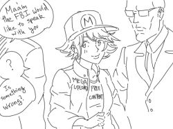 Rule 34 | 1girl, 2boys, bad id, bald, baseball cap, bb (baalbuddy), colorized, drawfag, english text, fbi, glasses, greyscale, hat, inactive account, jacket, megaupload, monochrome, multiple boys, personification, politics, red hair, short hair, source request, sunglasses