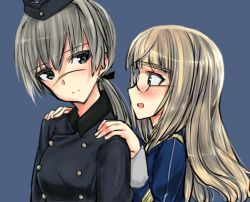 Rule 34 | 2girls, aohashi ame, black jacket, black ribbon, blonde hair, blue background, blue eyes, blue hat, blue jacket, blush, brown hair, closed mouth, garrison cap, glasses, grey hair, hair ribbon, hands on another&#039;s shoulders, hanna rudel, hat, jacket, light smile, long hair, long sleeves, looking at another, military, military hat, military uniform, multiple girls, open mouth, perrine h. clostermann, ponytail, portrait, ribbon, scar, scar on face, simple background, smile, strike witches, strike witches: suomus misfits squadron, uniform, world witches series