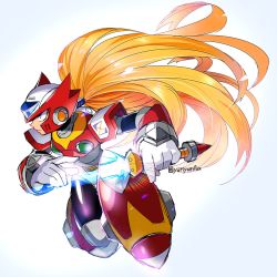 Rule 34 | android, artist name, beam saber, blonde hair, blue eyes, capcom, commentary request, energy blade, energy sword, full body, gloves, helmet, highres, holding, lightsaber, long hair, looking to the side, male focus, mega man (series), mega man x (series), ponytail, serious, simple background, solo, sword, very long hair, weapon, white gloves, yuriyuri (ccc), zero (mega man)