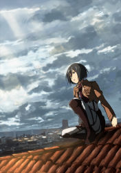 Rule 34 | 1girl, anime coloring, bad id, bad pixiv id, black eyes, black hair, boots, cloud, jacket, kneeling, mikasa ackerman, official style, rooftop, scarf, scenery, shingeki no kyojin, short hair, sitting, sky, solo, squatting, thigh strap, three-dimensional maneuver gear, ume (plumblossom), weapon