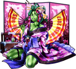 Rule 34 | 1girl, 2017, animification, bare shoulders, breasts, chiba toshirou, cleavage, colored skin, full body, green eyes, green hair, green skin, holding, holding smoking pipe, japanese clothes, kimono, kiseru, long hair, looking at viewer, marvel, seiza, she-hulk, sitting, smile, smoking pipe, solo, thick thighs, thighs, yuujo
