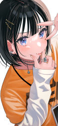 Rule 34 | 1girl, arm up, black hair, blouse, blue eyes, cellphone, closed mouth, commentary request, ear piercing, hair ornament, hairclip, hand up, highres, jewelry, layered sleeves, long sleeves, orange shirt, original, phone, piercing, ring, shirt, short over long sleeves, short sleeves, sleeves past wrists, solo, tsukana (saba mizore), v over eye, white background
