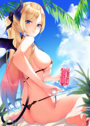 Rule 34 | 1girl, areola slip, artificial vagina, beach, bikini, bikini bottom only, blonde hair, blue eyes, blue sky, breasts, cloud, cloudy sky, cum, day, demon girl, demon horns, demon wings, fingernails, from behind, hair ornament, hair scrunchie, highres, holding, holding bikini, holding bikini bottom, holding clothes, holding swimsuit, hololive, horns, long fingernails, looking at viewer, micro bikini, multicolored hair, nail polish, ocean, palm tree, pointy ears, ponytail, purple nails, sand, scrunchie, see-through, sex toy, sideboob, sitting, sky, solo, swimsuit, toenail polish, toenails, tree, virtual youtuber, wings, yuzuki choco