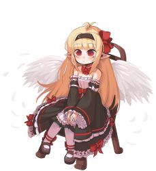 Rule 34 | 1girl, absurdres, angel wings, antenna hair, blonde hair, bow, bowtie, brown footwear, character request, commission, detached sleeves, dress, dungeon and fighter, flat chest, hair bow, highres, hwaryeok, long hair, long sleeves, looking afar, on chair, pointy ears, red bow, red eyes, sidelocks, sitting, solo, strapless, strapless dress, white background, white bow, wide sleeves, wings