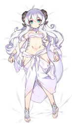 Rule 34 | 1girl, ahoge, bad id, bad pixiv id, barefoot, bed sheet, blue eyes, breasts, closed mouth, commentary, dragon girl, female focus, full body, horns, long hair, looking at viewer, lying, navel, on back, original, scales, simple background, small breasts, solo, tail, tama (tamatamo), wavy hair, white background, white hair