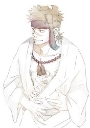 Rule 34 | 1boy, cat, collarbone, facial hair, headband, iichikamichi, japanese clothes, jewelry, kimono, male focus, monochrome, necklace, revenger, scar, scar on face, scar on nose, short hair, simple background, solo, souji (revenger), stubble, toned, toned male, white background, wide sleeves