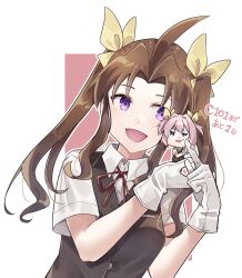 Rule 34 | 2girls, absurdres, ahoge, black vest, brown hair, cheek poking, chibi, collared shirt, commentary request, dress shirt, gloves, hair ribbon, highres, kagerou (kancolle), kantai collection, leaning to the side, matching hairstyle, mini person, minigirl, multiple girls, neck ribbon, poking, purple eyes, red ribbon, ribbon, shiranui (kancolle), shirt, short sleeves, smile, twintails, u yuz xx, vest, white background, white gloves, white shirt, yellow ribbon