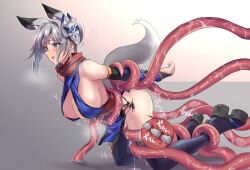 Rule 34 | 1girl, animal ear fluff, animal ears, bare shoulders, bestiality, black thighhighs, breasts, cleavage, doggystyle, egg, elbow gloves, extra ears, fox ears, fox girl, fox tail, full body, gloves, japanese clothes, kneeling, mask, mask on head, nipple slip, nipples, original, ovipositor, panties, pelvic curtain, red scarf, restrained, revealing clothes, saliva, sawaya (mizukazu), scarf, sex, sex from behind, side-tie panties, sideboob, tail, tears, tentacles, thighhighs, underwear
