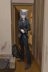 Rule 34 | 1girl, animal ears, backpack, bag, black jacket, black necktie, black pants, black socks, blood, blood on clothes, blood on wall, box, cardboard box, cat ears, closed mouth, collared shirt, commentary, expressionless, formal, grey hair, gun, handgun, highres, holding, holding gun, holding weapon, indoors, jacket, jewelry, charm (object), long hair, long sleeves, necktie, no shoes, original, pants, pistol, purple eyes, ring, shirt, socks, solo, suit, suit jacket, unworn backpack, unworn bag, weapon, white shirt, zumochi