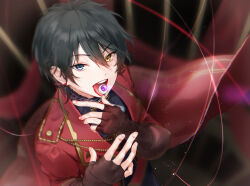 Rule 34 | 1boy, black shirt, black shorts, blue eyes, brown gloves, cape, earrings, ensemble stars!, eyeball, fingerless gloves, gloves, heterochromia, highres, jacket, jewelry, kagehira mika, long sleeves, looking at viewer, macciatto (aciel02), male focus, purple eyes, red cape, red jacket, shirt, shorts, solo, tongue, tongue out, yellow eyes