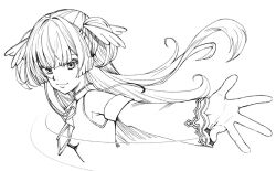 Rule 34 | 1girl, ascot, bare shoulders, blunt bangs, blunt ends, closed mouth, commentary, cropped torso, detached sleeves, eyelashes, floating hair, foreshortening, long hair, long sleeves, looking at viewer, monochrome, motion lines, open hand, outstretched arm, shirayuki noa, sidelocks, simple background, sketch, smile, solo, tenshi souzou re-boot!, tft (tft7822), two side up, very long hair, white background, wide sleeves, wing hair ornament