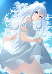Rule 34 | 1girl, absurdres, blue eyes, blue sky, breasts, cloud, cloudy sky, dress, ekidona, frilled dress, frills, highres, long hair, looking at viewer, medium breasts, original, sky, smile, solo, standing, standing on liquid, white dress, white hair