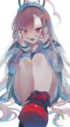 Rule 34 | 1girl, absurdres, ahoge, bandaid, bandaid on knee, bandaid on leg, black halo, black nails, blue archive, blush, braid, commentary request, feet, floral print, foot focus, hair between eyes, halo, hands on own face, hands up, highres, huge ahoge, jacket, kuromu (96-94), long braid, long hair, long sleeves, looking at viewer, maid headdress, neru (blue archive), open mouth, pink hair, print jacket, red eyes, red footwear, shoes, side braid, simple background, sitting, solo, teeth, very long hair, white background