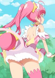 Rule 34 | 1girl, backless outfit, blue sky, choker, cloud, commentary request, cure star, day, earrings, from behind, gold earrings, highres, hoshina hikaru, jewelry, long hair, magical girl, outdoors, pink choker, pink eyes, pink hair, pink thighhighs, precure, single thighhigh, sky, solo, star twinkle precure, thighhighs, twintails, yuto (dialique)