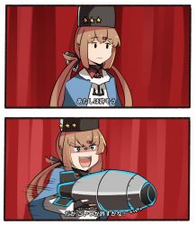 Rule 34 | 1girl, 2koma, black bow, black gloves, black hat, blue shawl, bomb, bow, brown hair, cold war, comic, commentary request, evil smile, explosive, fingerless gloves, fur hat, gloves, hair between eyes, hair bow, hair ornament, hairclip, hat, holding, ido (teketeke), jesus revenge (meme), kantai collection, long hair, long sleeves, low twintails, nuclear weapon, open mouth, papakha, parody, revision, scarf, shaded face, shawl, smile, solo, stupid movie sequels, tashkent (kancolle), thermonuclear bomb, thermonuclear weapon, torn clothes, torn scarf, translated, tsar bomba, twintails, weapon of mass destruction, white scarf