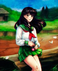 Rule 34 | 1boy, 1girl, brown eyes, bug, butterfly, crying, crying with eyes open, day, dirty, faux traditional media, floating hair, green skirt, higurashi kagome, house, insect, inuyasha, jewelry, kay-i, long hair, long sleeves, looking at viewer, necklace, outdoors, parted lips, puffy long sleeves, puffy sleeves, school uniform, serafuku, sitting, skirt, solo, tears, tree
