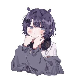 Rule 34 | 1girl, 3j dangan, :&lt;, animal ears, black hair, black jacket, blush, closed mouth, commentary, cropped torso, grey eyes, hair ornament, head rest, headphones, headphones around neck, hololive, hololive english, jacket, looking at viewer, mole, mole under eye, ninomae ina&#039;nis, ninomae ina&#039;nis (loungewear), off shoulder, official alternate costume, shirt, short hair, short sleeves, simple background, solo, t-shirt, upper body, virtual youtuber, white background, white shirt