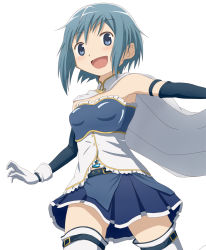 Rule 34 | 10s, 1girl, :d, bad id, bad pixiv id, bare shoulders, blue eyes, blue hair, blush, cape, detached sleeves, gloves, gonzaburou, magical girl, mahou shoujo madoka magica, matching hair/eyes, miki sayaka, official style, open mouth, short hair, simple background, smile, solo, thighhighs, white gloves, white thighhighs, zettai ryouiki
