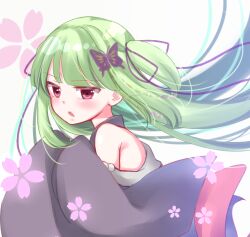 Rule 34 | 1girl, bare shoulders, black kimono, blunt bangs, butterfly hair ornament, cherry blossom print, commentary request, floating hair, floral print, from side, frown, gattengou, green hair, hair ornament, hair ribbon, highres, hime cut, japanese clothes, jitome, kimono, long hair, looking at viewer, murasame (senren), open mouth, pom pom (clothes), purple ribbon, red eyes, ribbon, senren banka, sidelocks, simple background, solo, straight hair, two side up, upper body, v-shaped eyebrows, very long hair, white background, wide sleeves