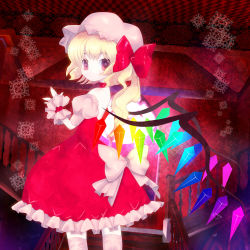 Rule 34 | 1girl, bare shoulders, blonde hair, bow, choker, crystal, female focus, flandre scarlet, hair bow, hat, highres, looking back, no mouth, orange eyes, picoalto, short hair, solo, standing, symbol-shaped pupils, touhou, wings, wrist cuffs