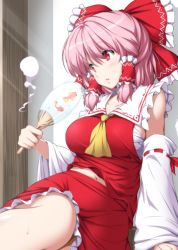 Rule 34 | 1girl, arm support, ascot, blush, bow, breasts, collarbone, cosplay, detached sleeves, hair bow, hair tubes, hakurei reimu, hakurei reimu (cosplay), hand fan, hitodama, large breasts, long sleeves, looking away, navel, nontraditional miko, nori tamago, paper fan, parted lips, pink hair, red bow, red eyes, red shirt, red skirt, ribbon-trimmed sleeves, ribbon trim, saigyouji yuyuko, sarashi, shirt, sitting, skirt, skirt set, sleeveless, sleeveless shirt, solo, sunlight, touhou, uchiwa, wide sleeves