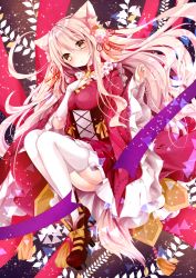 Rule 34 | 1girl, animal ears, bad id, bad pixiv id, blonde hair, bridal gauntlets, cat ears, corset, flower, full body, hair flower, hair ornament, hand on own chest, japanese clothes, kimono, long hair, long sleeves, looking at viewer, nanase kureha, nanase nao, original, solo, thighhighs, thighs, very long hair, white thighhighs, wide sleeves, yellow eyes, zettai ryouiki