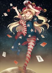 Rule 34 | 1girl, american flag dress, american flag legwear, arms up, blonde hair, blush stickers, card, clownpiece, fang, full body, gradient background, hat, jester cap, ken (coffee michikusa), long hair, looking at viewer, mask, moon, open mouth, pantyhose, print pantyhose, red eyes, short sleeves, smile, solo, star (symbol), striped, touhou