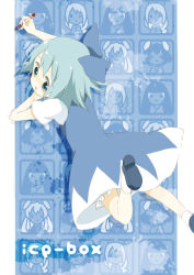 Rule 34 | 1girl, bloomers, blue dress, blue eyes, blue hair, blush, cirno, crayon, dress, frills, from above, loafers, looking back, matching hair/eyes, rin (artist), rin (royal), shoe soles, shoes, short hair, socks, solo, touhou, underwear, white bloomers