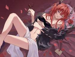 Rule 34 | 1girl, alcohol, arknights, arm across waist, bare shoulders, bed sheet, bottomless, breasts, broken heart, cleavage, collarbone, cup, drinking glass, feet out of frame, flower, fur shawl, heart, highres, holding, holding cup, horns, large breasts, legs up, looking at viewer, lying, navel, on back, on bed, parted lips, petals, pillow, purple eyes, red flower, red hair, red rose, red wine, rose, rose petals, shawl, shiba257, solo, stomach, strapless, surtr (arknights), underboob, v-shaped eyebrows, wine, wine glass