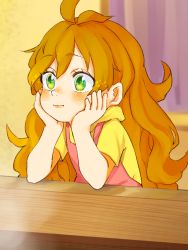 Rule 34 | + +, 1girl, ahoge, amaama to inazuma, blurry, blurry background, blush, brown hair, child, closed mouth, curly hair, curtains, elbow rest, expressionless, eyelashes, eyes visible through hair, furrowed brow, green eyes, hands on own cheeks, hands on own face, highres, hood, hood down, hoodie, indoors, inuzuka tsumugi, long hair, looking away, overalls, pink overalls, short sleeves, solo, star (symbol), table, wakame deyusa, wide-eyed, yellow hoodie