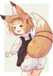 Rule 34 | &gt; &lt;, 1girl, :3, :d, animal ear fluff, animal ears, black dress, bloomers, blunt bangs, blush, commentary, cowboy shot, dress, facing viewer, fang, flower, fox ears, fox girl, fox tail, from behind, hair flower, hair ornament, hair ribbon, inconvenient tail, koume (vrchat), leaning forward, long sleeves, manabe mana, manabe orange, open mouth, original, pinafore dress, puffy long sleeves, puffy sleeves, ribbon, shirt, simple background, skin fang, sleeveless, sleeveless dress, smile, solo, tail, tail ornament, tail ribbon, underwear, vrchat, white bloomers, white shirt, x3, xd