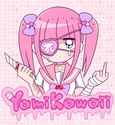 Rule 34 | 1girl, bandaged wrist, bandages, black eyes, blood, blunt bangs, bow, boxcutter, closed mouth, collar, expressionless, eyepatch, eyewear strap, ezaki bisuko, heart, hexagram, highres, holding, holding boxcutter, jewelry, looking at viewer, menhera-chan (ezaki bisuko), menhera-chan (ezaki bisuko) (character), middle finger, necklace, outline, pink background, pink hair, pink sailor collar, pink theme, purple bow, purple collar, sailor collar, school uniform, self-harm, self-harm scar, serafuku, short twintails, sidelocks, solo, star of david, tears, text background, twintails, white outline, white serafuku, yami kawaii