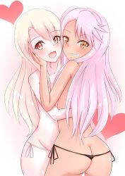Rule 34 | 2girls, :d, ass, bad id, bad pixiv id, black panties, black ribbon, blonde hair, blush, butt crack, chloe von einzbern, collarbone, commentary request, dark-skinned female, dark skin, eyelashes, fate/kaleid liner prisma illya, fate (series), from behind, gradient background, grin, hair between eyes, hand on another&#039;s cheek, hand on another&#039;s face, heart, highres, hug, illyasviel von einzbern, long hair, looking at viewer, looking back, multiple girls, nonsuke, one side up, open mouth, orange eyes, panties, pink hair, red eyes, ribbon, side-tie panties, smile, teeth, thong, topless, underwear, very long hair, white panties, white ribbon, yuri
