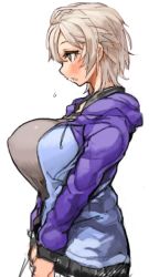 Rule 34 | 10s, 1girl, anastasia (idolmaster), blush, breasts, covered erect nipples, huge breasts, idolmaster, idolmaster cinderella girls, open mouth, perky breasts, profile, sachito, short hair, silver hair, simple background, solo, white background