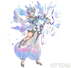 Rule 34 | 1girl, attack, breasts, fire emblem, fire emblem heroes, floating, floating object, gradient clothes, holding, holding weapon, large breasts, multicolored eyes, multicolored hair, nintendo, non-web source, official art, open mouth, open pants, pants, seidr (fire emblem), short hair, solo, thick thighs, thigh strap, thighs, weapon, yoshiku (oden-usagi)
