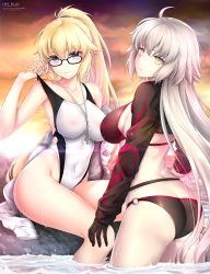 Rule 34 | 1girl, 2girls, ahoge, ass, bikini, black bikini, black jacket, blonde hair, blue eyes, breasts, butt crack, choker, cleavage, cloud, cloudy sky, collarbone, commentary request, fate/grand order, fate (series), glasses, hair between eyes, high ponytail, highres, jacket, unworn jacket, jeanne d&#039;arc alter (swimsuit berserker) (fate), jeanne d&#039;arc (fate), jeanne d&#039;arc (ruler) (fate), jeanne d&#039;arc (swimsuit archer) (fate), jeanne d&#039;arc (swimsuit archer) (second ascension) (fate), jeanne d&#039;arc alter (fate), jeanne d&#039;arc alter (swimsuit berserker) (fate), large breasts, long hair, looking at viewer, multiple girls, o-ring, one-piece swimsuit, orange sky, outdoors, ponytail, rei kun, shrug (clothing), sidelocks, sitting, sitting on object, sky, swimsuit, water, yellow eyes