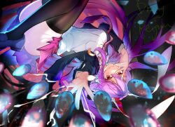 Rule 34 | 1girl, absurdres, animal ears, artist name, ass, black jacket, black thighhighs, bullet, diving penguin, highres, jacket, legs, long hair, looking at viewer, necktie, outstretched hand, purple eyes, purple hair, purple necktie, purple skirt, rabbit ears, rabbit girl, reisen udongein inaba, shirt, skirt, solo, thighhighs, thighs, touhou, upside-down, white shirt
